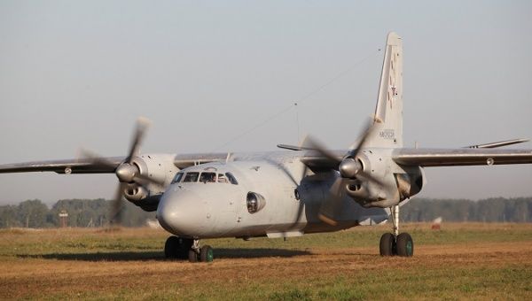 A Russian military transport plane An-26 is seen of the unpaved runway of the Shagol airfield in Chelyabinsk region.