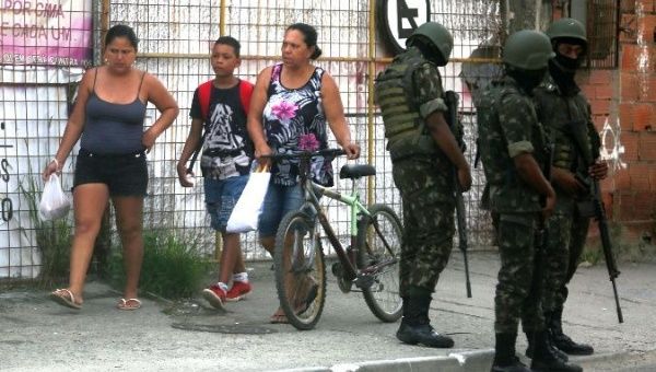 Soldiers patrol a neighborhood in Rio de Janeiro, Brazil.