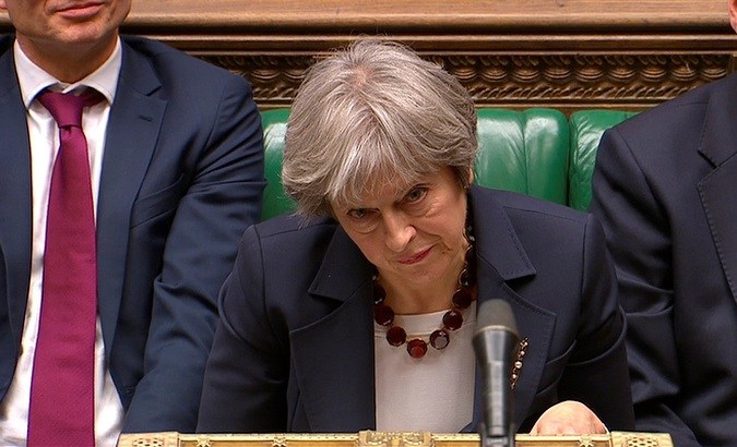 Britain's Prime Minister Theresa May after speaking at the British parliament Wednesday and announcing the action against Russia.
