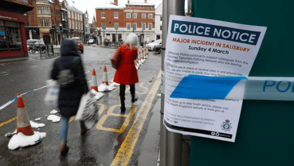 A police notice is attached to screening surrounding a restaurant which was visited by former Russian intelligence officer Sergei Skripal and his daughter Yulia.