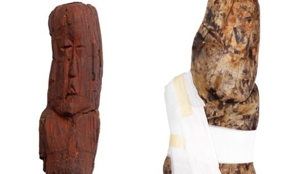The two wooden busts are more than 3,000 years old and belong to the Olmec civilization.