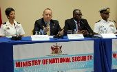 United States Chargé d’Affaires John McIntyre, second from left, speaking at the press conference to announce Exercise Fused Response with Edmund Dillon, second from right, Trinidad and Tobago´s Minister of National Security.