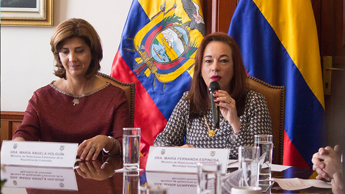 Colombian Foreign Minister, Maria Angela Holguin (l) and Ecuadorean Foreign Minister Maria Fernanda Espinosa (r) meet to discuss the kidnapping of journalist on Monday in Mataje, Ecuador along the border with Colombia. Colombian officials confirm FARC dissidents are responsible for the hostage taking.