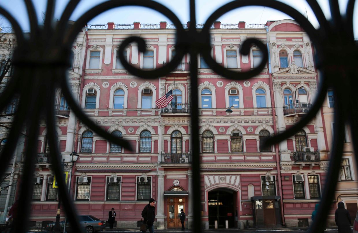 A view through a fence shows the building of the consulate-general of the United States in St. Petersburg, Russia March 29, 2018.