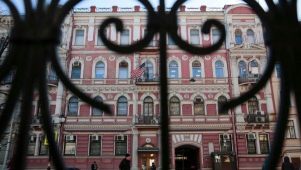 A view through a fence shows the building of the consulate-general of the United States in St. Petersburg, Russia March 29, 2018. 