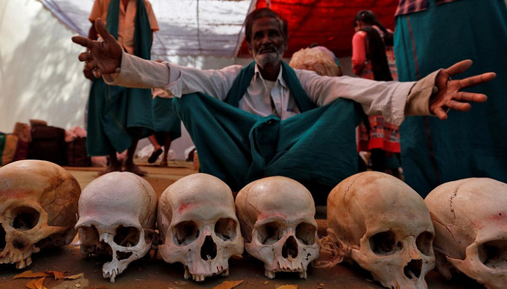 Farmers display skulls during a protest demanding relief from the government in New Delhi.