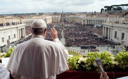 Pope Francis appears before delivering his Easter message in the Urbi et Orbi (to the City and the World) address from the balcony overlooking St. Peter's Square at the Vatican April 1, 2018. 