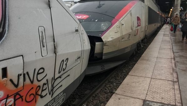 A tag on a TGV high speed train reads 