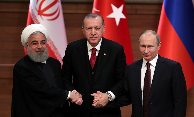 Presidents Hassan Rouhani (L) of Iran; Recep Tayyip Erdogan (C) of Turkey, and Vladimir Putin (R) of Russia.