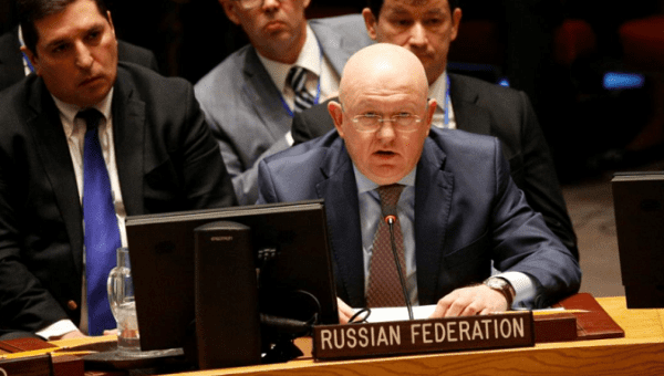 Russian Ambassador to the United Nations Vasily Nebenzya addresses the United Nations Security Council meeting on Syria at the U.N. headquarters in New York, U.S., April 9, 2018. REUTERS/Brendan McDermid