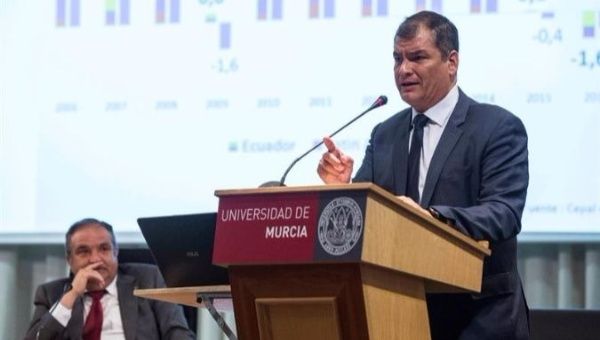 Former Ecuadorean President Rafael Correa speaks at the Universidad de Murcia.