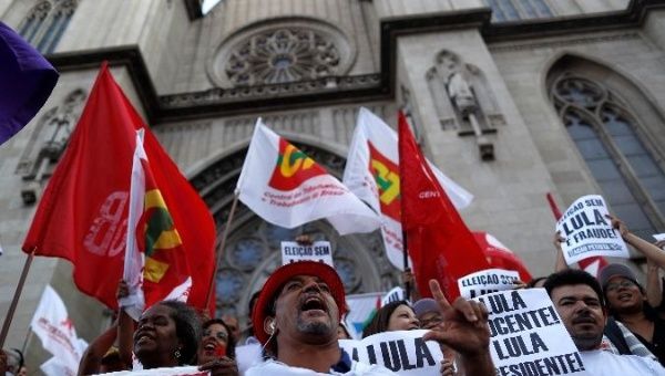 Lula supporters call for his freedom as they demosntrate in Sao Paulo, Brazil.