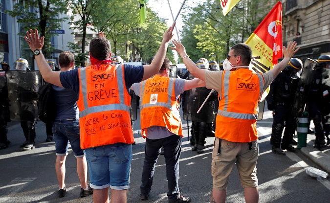 State-owned railway company SNCF employees and CGT labour union members during a demonstration in Paris, April 18.