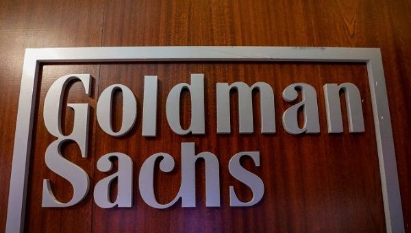 The Goldman Sachs company logo is seen in the company's space on the floor of the New York Stock Exchange, (NYSE) in New York, U.S., April 17, 2018.