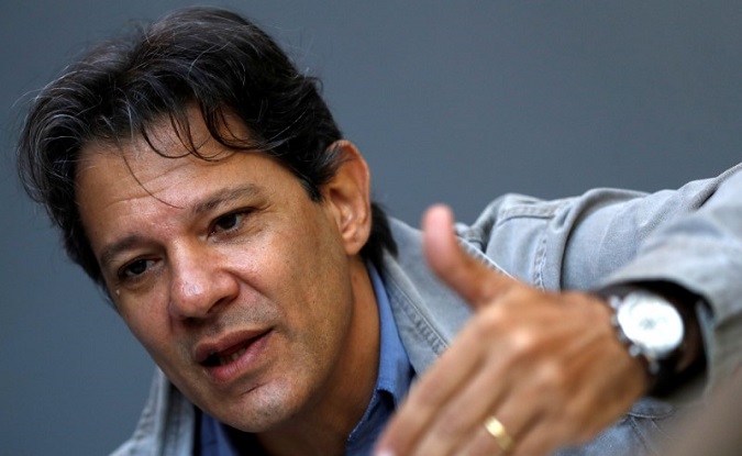 Former Sao Paulo mayor Fernando Haddad speaks during an interview with Reuters in Sao Paulo, Brazil, April 17, 2018.