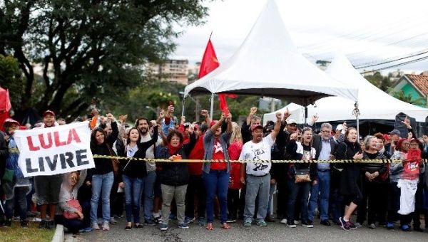 Members of the Free Lula camp protest in Curitiba.