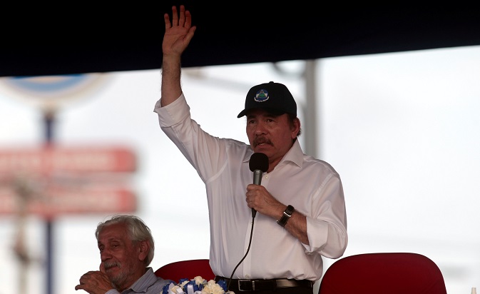 Nicaragua's President Daniel Ortega speaks to supporters during May Day celebrations in Managua, Nicaragua April 30,2018