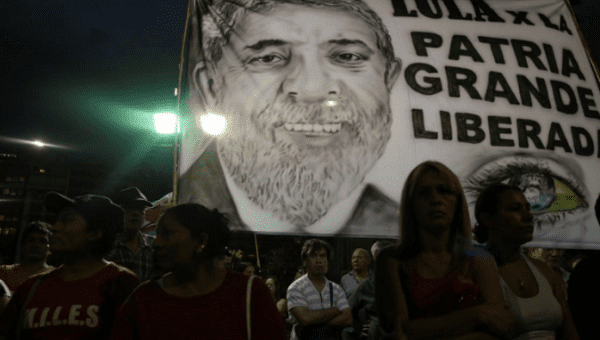 A flag with the image of former Brazilian President Luiz Inacio Lula da Silva is seen during a protest in support of Lula, in Buenos Aires, Argentina, April 11, 2018.