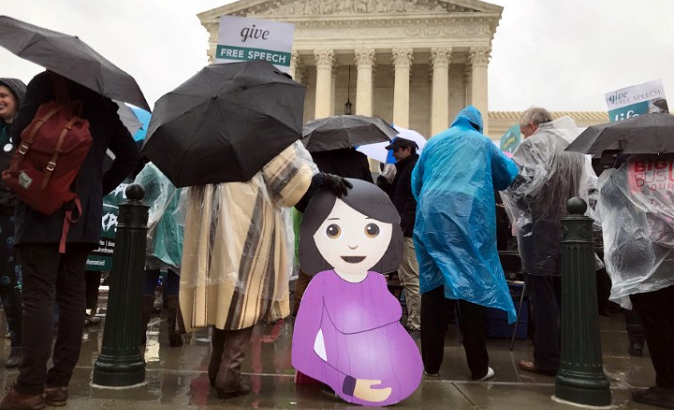 Opponents of a California law, requiring anti-abortion pregnancy centers to post signs notifying women of the availability of state-funded contraception and abortion, hold a rally in front of the U.S. Supreme Court in Washington, U.S., March 20, 2018