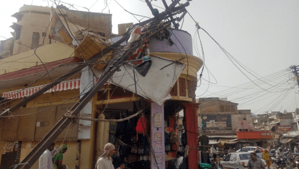 A damaged electric pole is seen in the aftermath of the storm in Alwar, Rajasthan on May 3. 