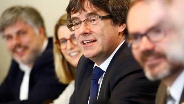 Catalonia's former leader Carles Puigdemont meets his party's leadership in Berlin, Germany, April 18, 2018.