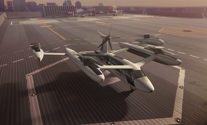 An artist's depiction of future UberAIR vehicles, drone-like 'flying taxis' capable of vertical take-off.