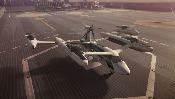 An artist's depiction of future UberAIR vehicles, drone-like 'flying taxis' capable of vertical take-off.