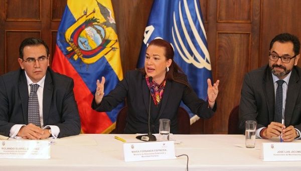 Ecuador’s Foreign Minister Maria Fernanda Espinosa gestures during a press conference in Quito. 