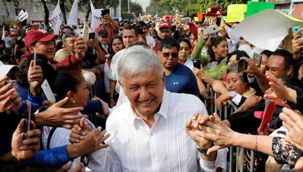 Leftist front-runner Andres Manuel Lopez Obrador of the National Regeneration Movement (MORENA) greets supporters during his campaign rally in Mexico City, Mexico May 2, 2018.