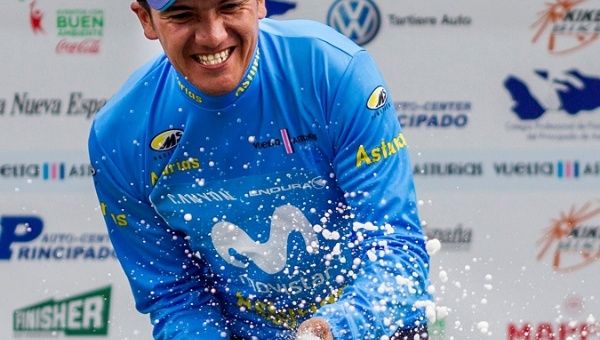 Ecuadorean Richard Carapaz celebrates his win of the 8th stage of the Giro d'Italia on May 12, 2018. He's the first Ecuadorean to win a stage at the major race