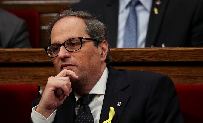 Candidate for the regional presidency of Catalonia, Quim Torra, looks on during an investiture debate at the regional parliament in Barcelona, Spain, May 14, 2018.