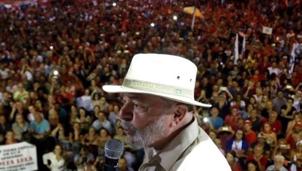Former Brazilian President Luiz Inacio Lula da Silva speaks to supporters.