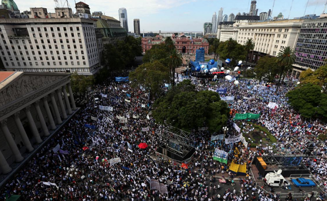 Teachers strike at Plaza de Mayo by the Casa Rosada Presidential Palace in Buenos Aires, Argentina, March 2017.