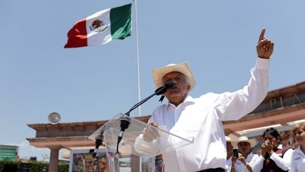 Mexico's leftist front-runner Andres Manuel Lopez Obrador addresses supporters during a campaign rally Zitacuaro, in Michoacan state, Mexico May 28, 2018.
