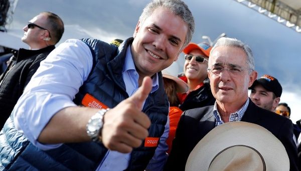 Presidential candidate Ivan Duque and Senator Uribe during the campaign rally.