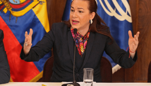 Ecuador's Foreign Minister Maria Fernanda Espinosa gestures while addressing the media in Quito, Ecuador January 11, 2018. 