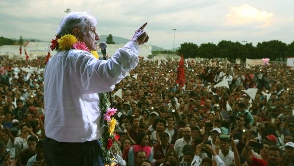 Leftist front-runner Andres Manuel Lopez Obrador of the National Regeneration Movement addresses supporters during a rally in Atlixco, Mexico June 6, 2018. 