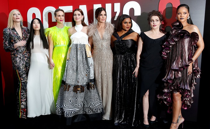 Cast members (L to R) Cate Blanchett, Awkwafina, Sarah Paulson, Anne Hathaway, Sandra Bullock, Mindy Kaling, Helena Bonham Carter and Rihanna pose at the world premiere of the film 