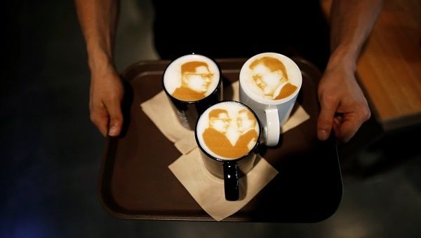 Pictures of North Korean leader Kim Jong-un and South Korean President Moon Jae-in are printed on lattes at a coffee shop in Jeonju, South Korea.