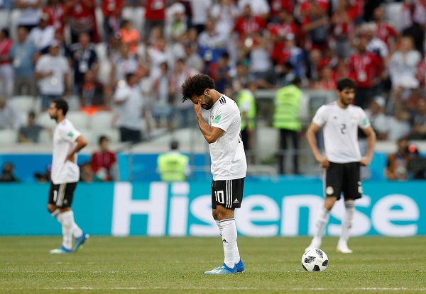 Egypt's Mohamed Salah looks dejected during Saudi Arabia vs Egypt in the Volgograd Arena, Russia, on June 25, 2018.