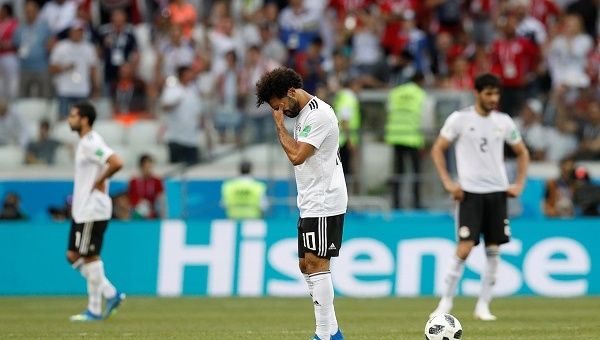 Egypt's Mohamed Salah looks dejected during Saudi Arabia vs Egypt in the Volgograd Arena, Russia, on June 25, 2018. 