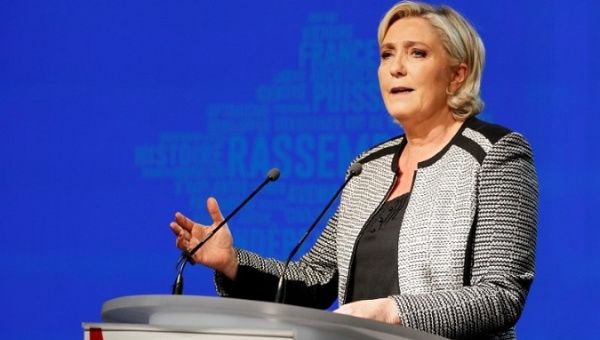 French politician Marine Le Pen delivers a speech to announce the new name of the far-right National Front political party, that becomes the National Rally (Rassemblement National) party