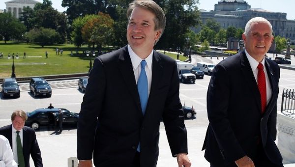 Supreme Court nominee Brett Kavanaugh arrives at Capitol Hill with fierce anti-choice vice president Mike Pence.