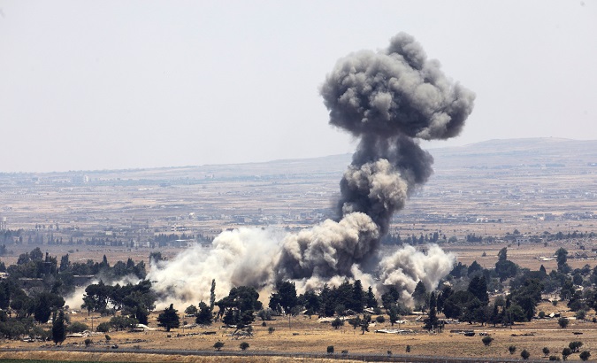 An explosion is pictured at Quneitra at the Syrian side of the Israeli Syrian border, as seen from the Israeli-occupied Golan Heights, Israel July 22, 2018.