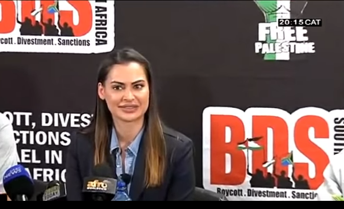 South African model Shashi Naidoo during a press conference with BDS.