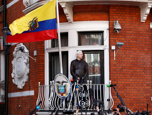 WikiLeaks founder Julian Assange speaks on the balcony of the Embassy of Ecuador in London, Britain, May 2017.