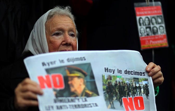 Nora Cortinaz, leader of human rights group Madres de Plaza de Mayo, attends a protest against Argentine President Mauricio Macri government’s possible use of military forces for internal security in Buenos Aires, Argentina, July 26, 2018.