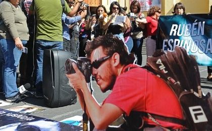 Family and friends of Ruben Espinosa potesting in memory of the photojournalist in Xalapa, Veracruz, Mexico. July 31, 2018