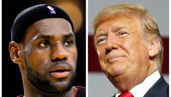 NBA basketball player LeBron James (L) in Oakland, California January 16, 2013 and U.S. President Donald Trump in Lewis Center, Ohio August 4, 2018. 