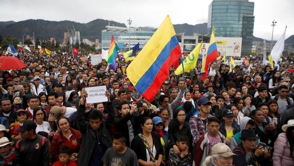 Demonstrators rally on the day of the swearing-in of Colombia's new President Ivan Duque in Bogota, Colombia, urging him to uphold peace accords August 7, 2018